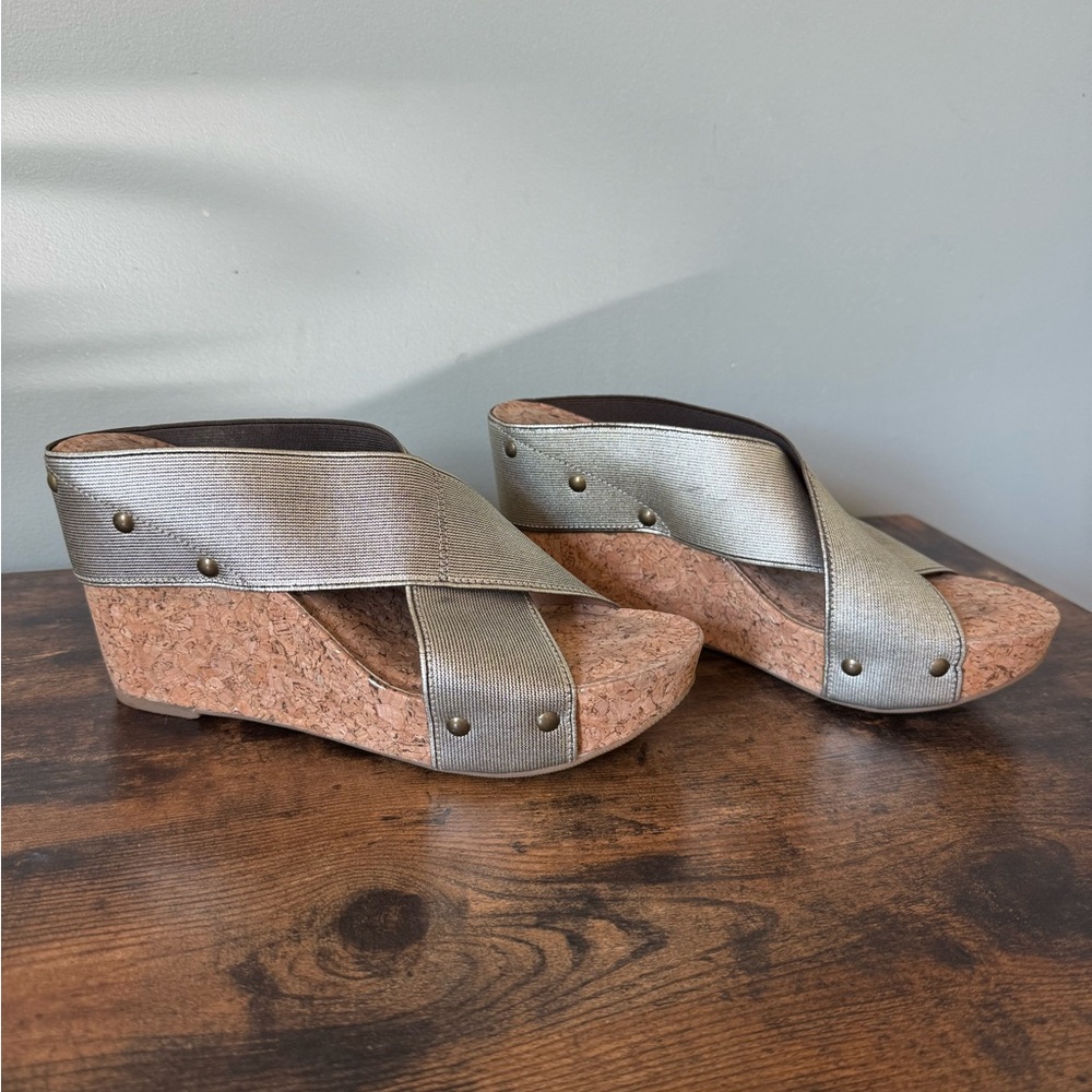 Lucky Brand Metallic Silver Wedge Sandals with Cork Heel